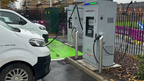 InstaVolt 160kW ultra-rapid EV chargers at Regent Road, Salford, near Burger King, offering free parking with accessibility features.