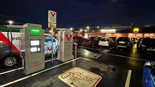 InstaVolt ultra-rapid EV chargers at McDonald’s Ashington car park at night