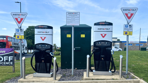 InstaVolt rapid EV chargers at Chapel House Service Station near Tesco Express in Newcastle upon Tyne.