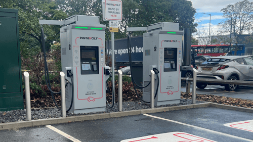 EV charging InstaVolt ultra-rapid chargers at McDonald’s Stanley, located just off the A693, with nearby amenities including Asda Stanley Superstore, The Louisa Centre, and Home Bargains in view