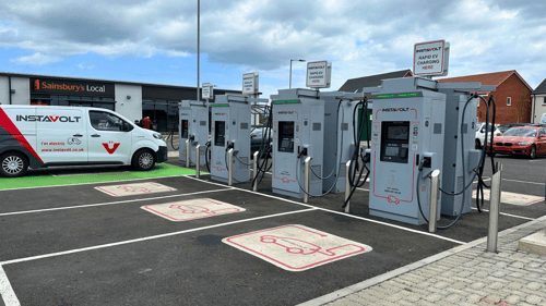 EV drivers charging at InstaVolt ultra-rapid chargers at Sainsbury’s Local in Bradwell, Great Yarmouth