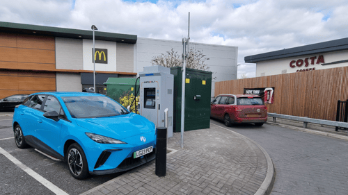 EV charging at InstaVolt charger beside McDonald's and Costa Coffee in Andover