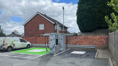 InstaVolt ultra rapid EV charging bays with dedicated green EV parking spaces in a convenient roadside location.