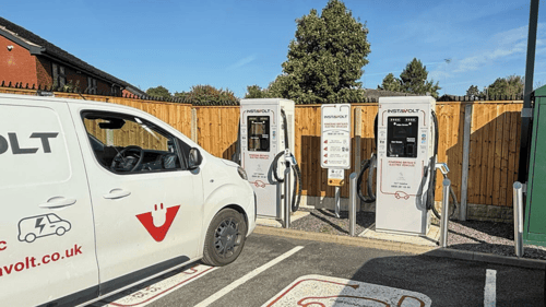 InstaVolt ultra-rapid EV chargers at The Avenue Car Park in Blakedown, Kidderminster, with branded van parked on site.