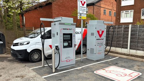InstaVolt ultra rapid EV chargers at Wilmslow Road Fallowfield Manchester with dedicated parking bays