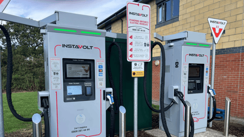 InstaVolt rapid EV charging station in Thornaby, located just off the A19. Chargers are positioned near Bannatyne Health Club and Tesco Café, offering drivers quick, reliable charging with easy contactless payment and access to on-site gym, pool, café, and sauna facilities.