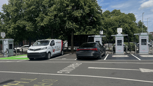 EVs charging at InstaVolt ultra-rapid chargers outside McDonald’s on Penn Road, Wolverhampton, with clear signage and accessible bay.