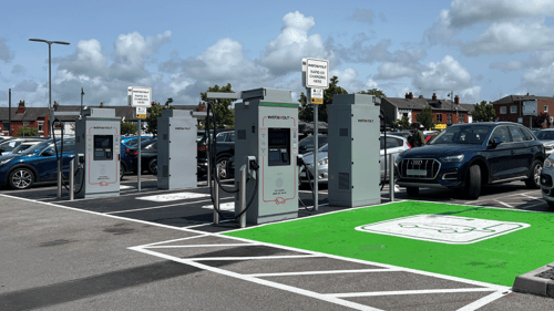 InstaVolt ultra rapid EV chargers at Teanlowe Shopping Centre in Poulton-le-Fylde car park