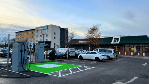 InstaVolt ultra rapid EV chargers at Stonedale Retail Park, near dining options like McDonald’s, Starbucks, and Nando’s, plus shopping at B&M and entertainment at Showcase Cinema.