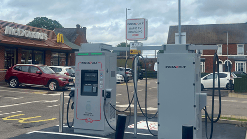 InstaVolt ultra rapid EV chargers in front of McDonald’s on Kent Street, Upper Gornal, Dudley, with clear signage and bays for electric vehicles.