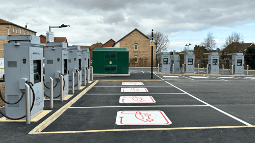 InstaVolt ultra rapid EV chargers at The Quadrant, Boston, featuring multiple charging stations in a clean, well-maintained charging area.