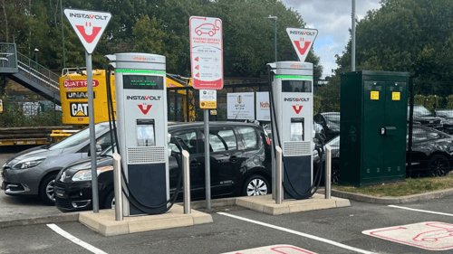 InstaVolt rapid EV chargers at KFC Nottingham Daleside Road, featuring clearly marked bays and ChargePoint+ units for convenient electric vehicle charging.