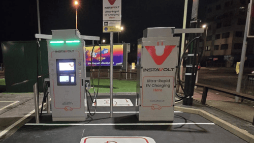 InstaVolt ultra-rapid EV charging station at McDonald’s car park on London Road, Stanwell at night