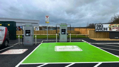 InstaVolt ultra-rapid EV charging bays at McDonald’s on Yarm Road, Stockton-on-Tees, with green marked parking spaces and chargers in front of the restaurant.