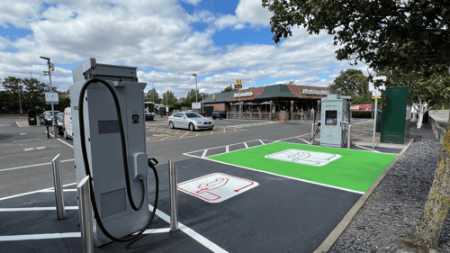 InstaVolt ultra rapid EV chargers located at McDonald’s car park, offering easy access for electric vehicles with marked charging bays and nearby dining amenities.