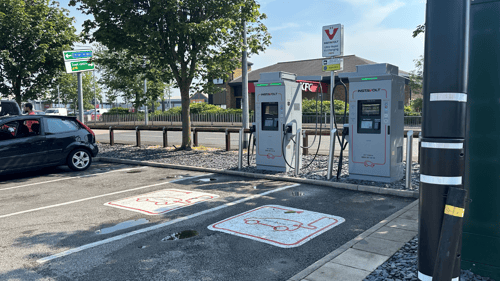InstaVolt ultra rapid EV charging station at Gallagher Retail Park, Scunthorpe near the M181 with modern charging bays.