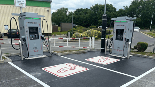 InstaVolt ultra-rapid EV charging bays at McDonald’s, Thorne Road Retail Park in Doncaster, featuring two modern chargers with clear electric vehicle bay markings.