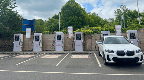 Ultra-rapid InstaVolt EV chargers with a BMW electric vehicle parked at Tyne Street, Blaydon-on-Tyne