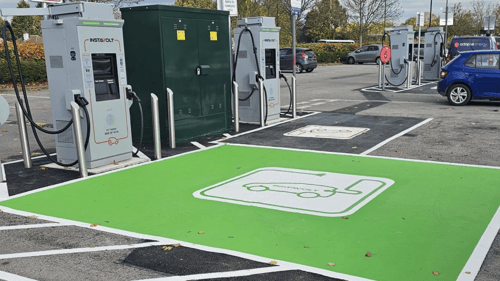 Ultra-rapid InstaVolt EV chargers at Thorne Road Retail Park in Doncaster, featuring clearly marked charging bays and modern infrastructure.