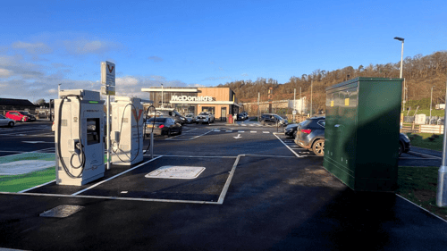 InstaVolt ultra-rapid EV chargers at Chartwell Park, Bridgnorth, with McDonald’s in the background.