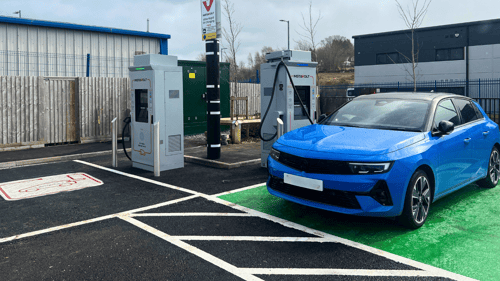 InstaVolt ultra-rapid EV chargers at McDonald’s Crossmill Business Park Barrhead with parked electric car charging
