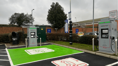 Ultra rapid InstaVolt EV chargers at McDonald's Cricketers Way in Bolton, featuring green-painted charging bays and clear signage for easy access.