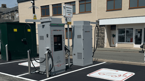 InstaVolt ultra rapid EV chargers on Station Road in Barmouth, ideal for quick electric vehicle charging near the town centre.