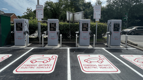 Modern InstaVolt EV chargers at Grantham Squash & Fitness Club, ready for use with contactless payment and clear parking bay markings.