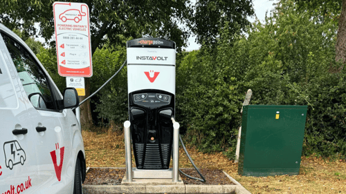 InstaVolt EV charger at Blackbrook Leisure Centre in Taunton, showing a ChargePoint unit in use with a branded van nearby.