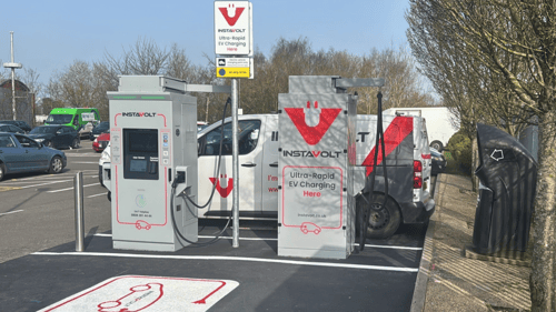 InstaVolt ultra-rapid EV charging station on Stafford Road in Wolverhampton car park