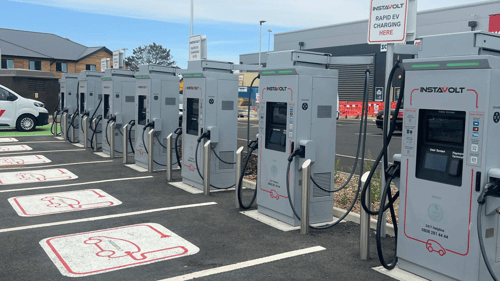 Ultra-rapid InstaVolt electric vehicle charging bays at Harwich Gateway retail park.
