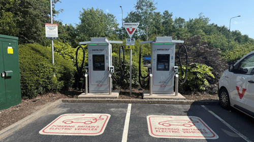 InstaVolt rapid EV charging stations at OK Diner Leominster, located off the A49, with clear EV bay markings and accessible parking.