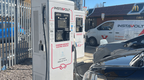 InstaVolt ultra rapid EV charging station in McDonald’s car park with electric vehicles charging