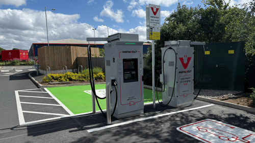 InstaVolt ultra rapid EV charging station at Costa Coffee on Stanley Road, Bradford with dedicated electric vehicle charging bays.
