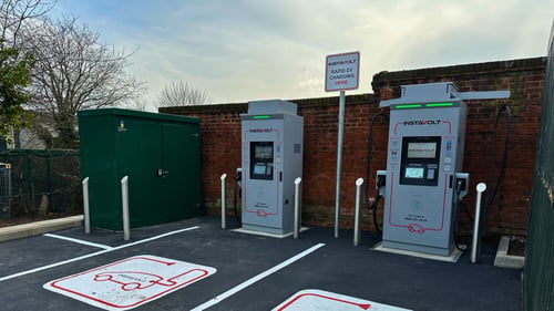 EV charging bays at McDonald's Ranelagh Road, Ipswich, with InstaVolt chargers, dedicated parking spaces, and visible branding for easy identification.