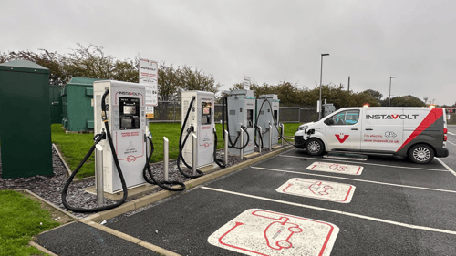 InstaVolt ultra-rapid EV chargers at McDonald's Colsterworth, Grantham, with branded van charging.