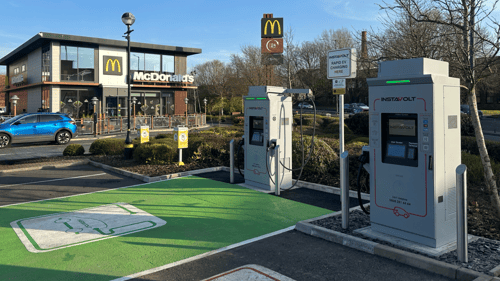 InstaVolt ultra rapid EV chargers in front of a McDonald’s restaurant at Chalon Way West retail park in St Helens.