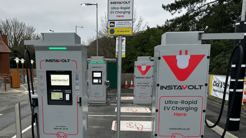 InstaVolt ultra-rapid EV charging station at Middlebrook Way, Cromer with multiple charging bays and contactless payment screens.
