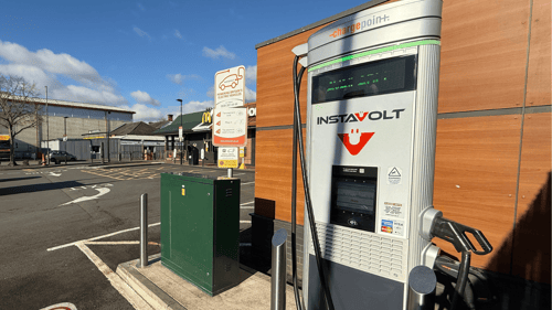 InstaVolt ultra rapid EV charger at McDonald's Camberley, located near the restaurant with clear signage and charging cables ready for use."