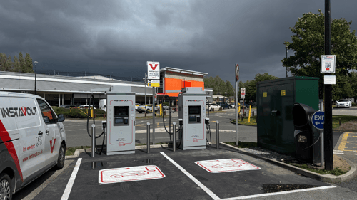 InstaVolt ultra rapid EV charging station at McDonald's Aintree on Ormskirk Road, Liverpool, featuring dedicated electric vehicle charging bays and convenient access from the A59.