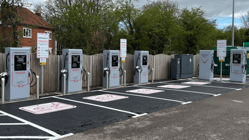 Row of InstaVolt ultra-rapid EV chargers at Bristol Golf Centre car park