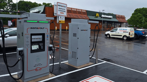 InstaVolt ultra rapid EV chargers at McDonald's Yeovil A30 car park.