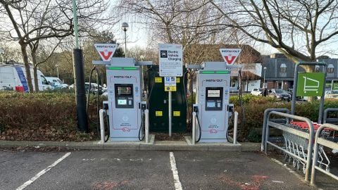 Two InstaVolt ultra rapid electric vehicle chargers at Locks Heath Shopping Village, near Waitrose and Costa Coffee.