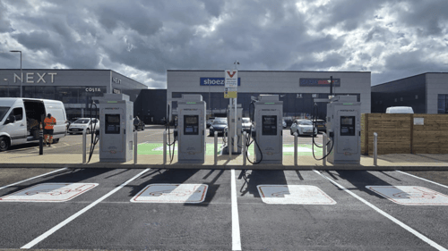 InstaVolt ultra rapid EV charging at Blackwater Retail Park in Maldon, near Next and Costa Coffee.