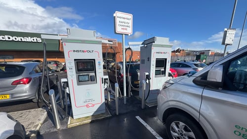 InstaVolt ultra-rapid EV chargers at Morrisons car park, Dunwoody Way, Crewe – open-access public charging station powered by renewable energy.