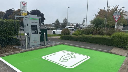 Ultra-rapid InstaVolt EV charger at Park Hill, West Exe in Tiverton with dedicated green parking bay.