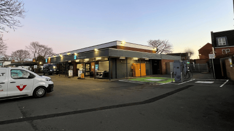 Co-op Wilford with InstaVolt ultra rapid chargers in Wilford Green, surrounded by amenities such as Lidl and Starbucks, offering easy access for EV drivers.