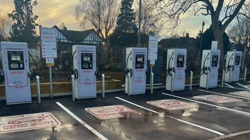 InstaVolt ultra rapid EV charging bays at Glenavon Farm, Saltford, with multiple charge points ready for use.