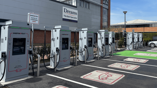 InstaVolt ultra rapid EV chargers at Fairacres Retail Park, located in front of Dreams store with dedicated EV parking bays.