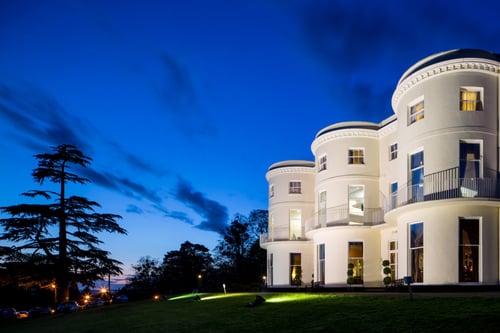 Dramatic shot of Mercure Gloucester Bowden Hall exterior at night
